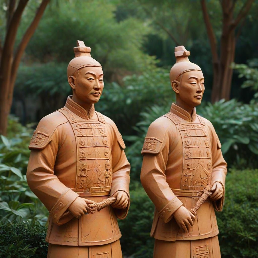 Terracotta Soldiers in Abstract Cubist Chinese Garden