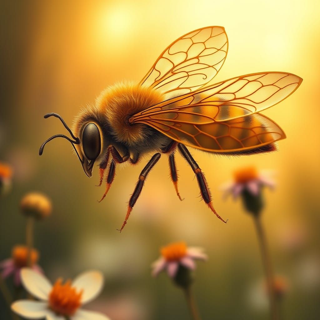 Golden Bee in Art Nouveau Style with Wildflowers
