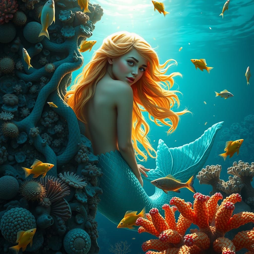 Majestic Mermaid Hiding in Coral Reef, Fantasy Art