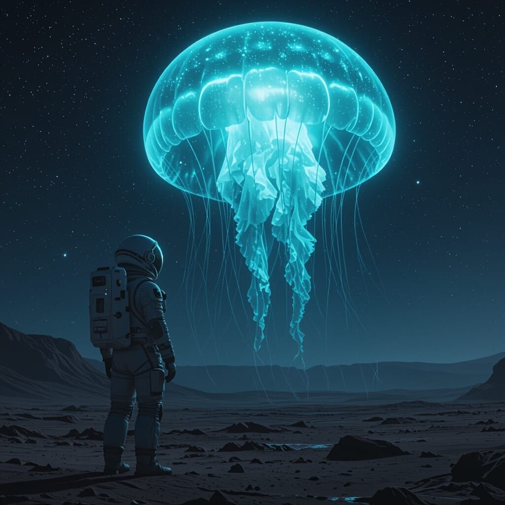 Astronaut and Bioluminescent Jellyfish on Alien Planet