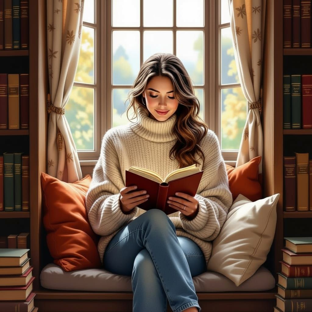 Woman Reading in Cozy Book-Lined Window Seat