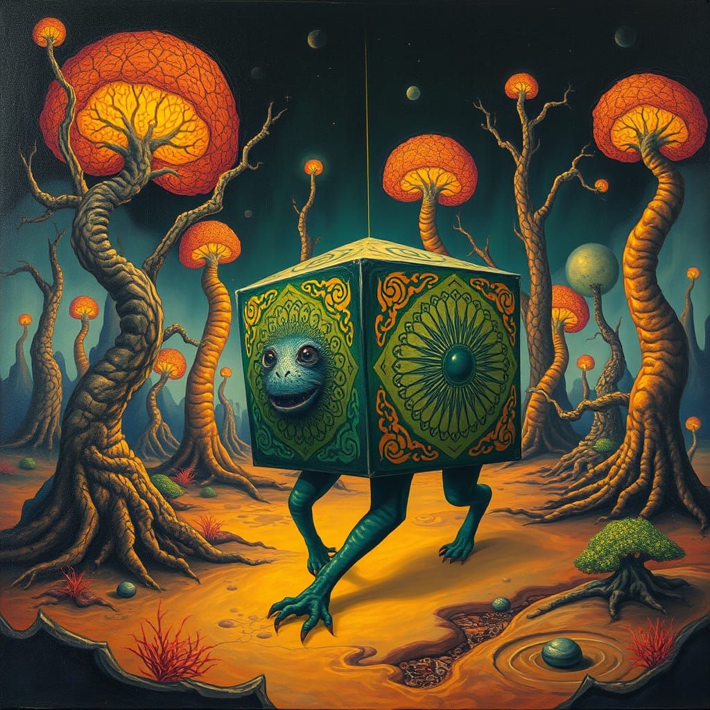 Cube-Shaped Creature in a Surreal Forest Landscape