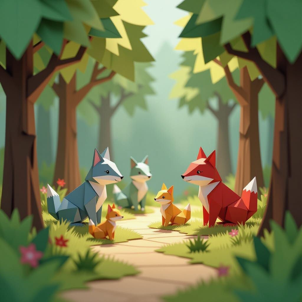 Origami Forest With Paper Animals in Papercraft Style