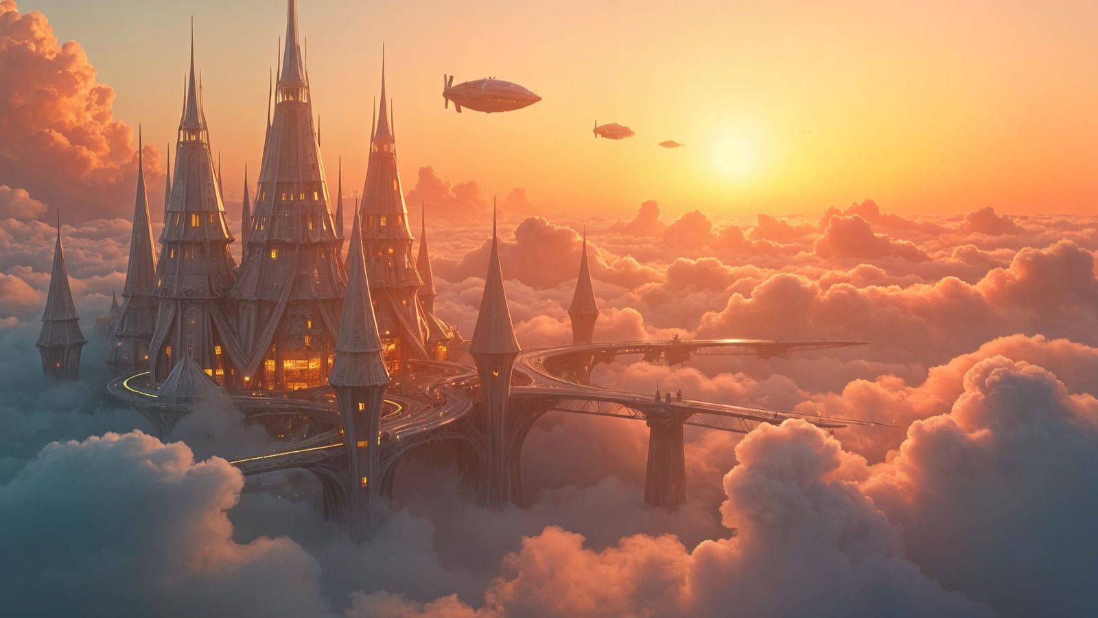 Ethereal City Floating in Clouds at Sunset