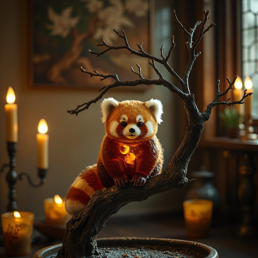 Amber Red Panda on Bonsai Branch