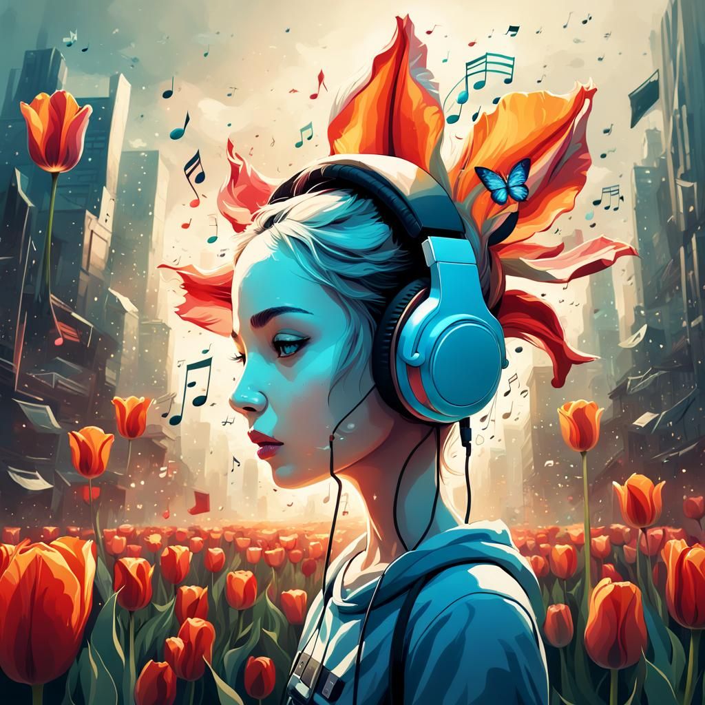 Tulip with Headphones and Music Score Background