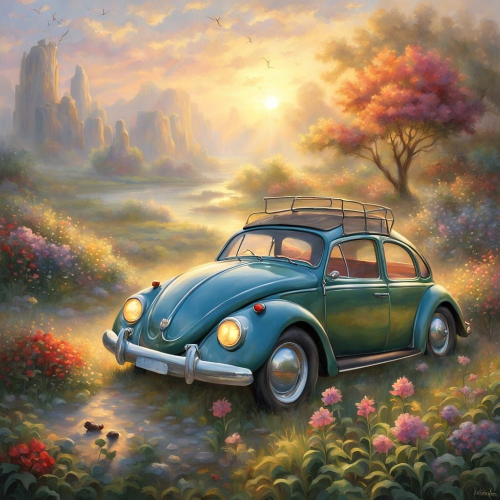 Whimsical Car-Insect Buzzes Fantasy Flower in Sunrise Meadow