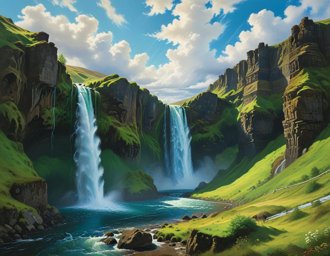 Ethereal Icelandic Waterfall in Vibrant Colors