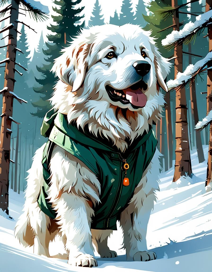 Surrealistic Great Pyrenees Dog in Pine Attire