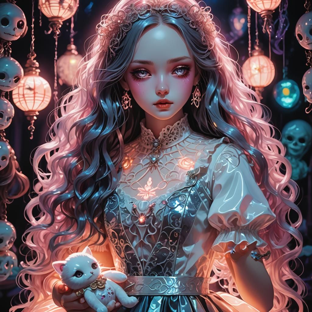 Anime Girl with Porcelain Doll in Neon-Lit Dark Fantasy