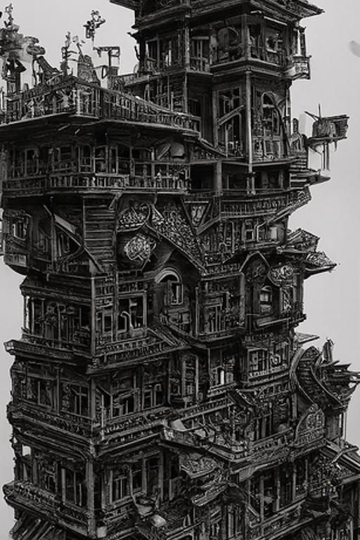 Steampunk House: Geometric Sketch in Escher Style