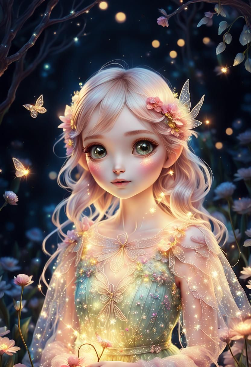 Jean-Baptiste Monge style, little fairy girl in spring, with...