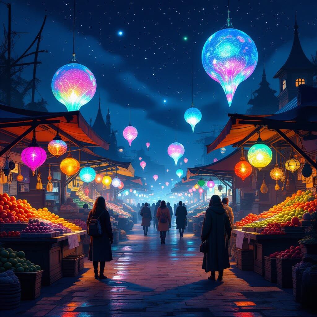 Vibrant Alien Market with Glowing Fruit