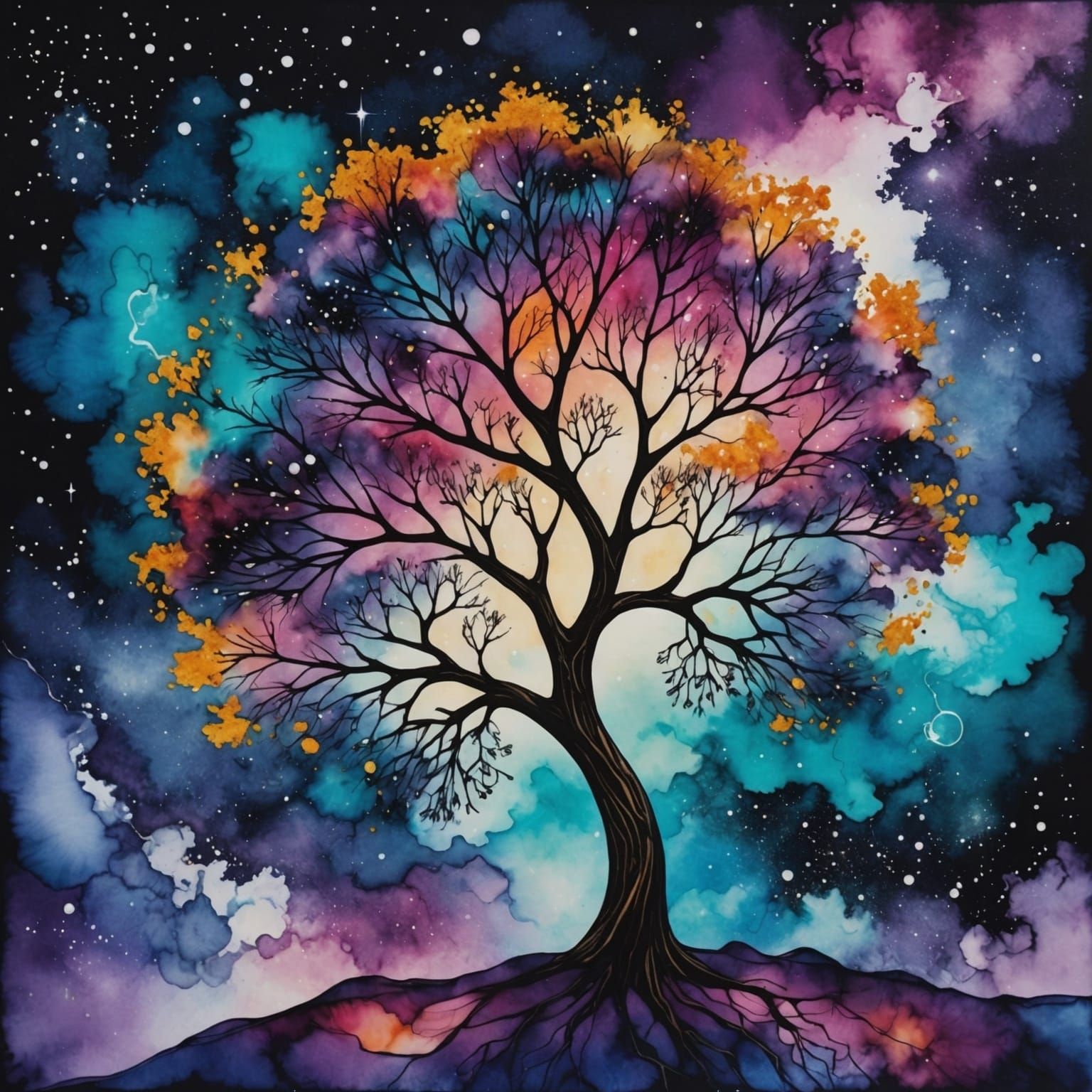 Tree Blooming into Galaxy in Alcohol Ink Style