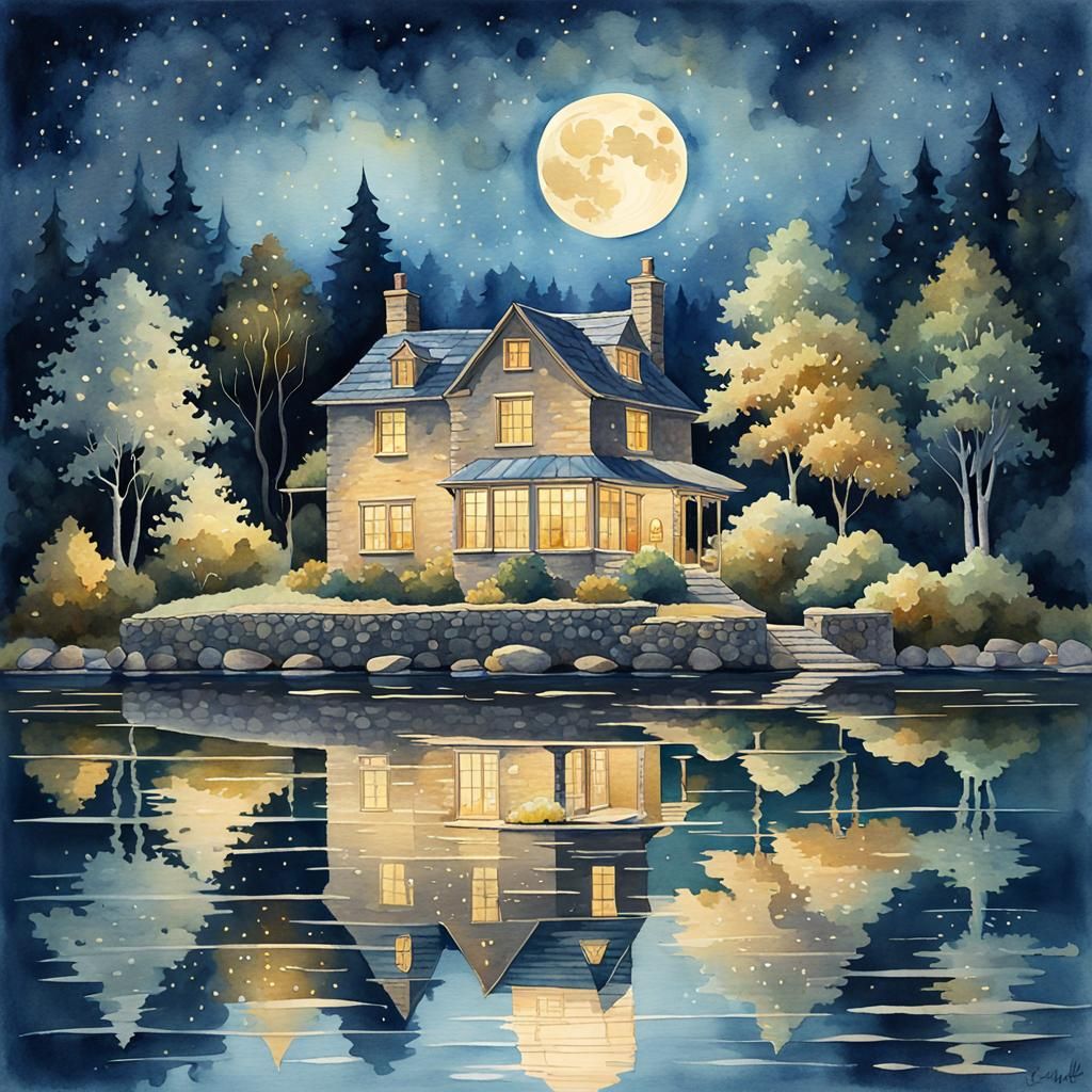 Vintage Stone House on Lake: Watercolor Impressionism