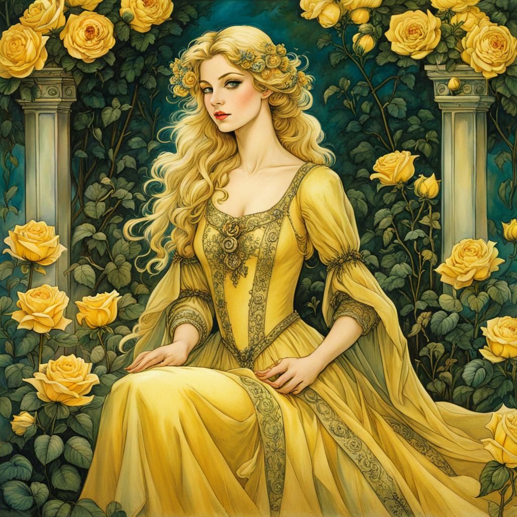 Medieval Maiden in Yellow Rose Garden, Rackham Style