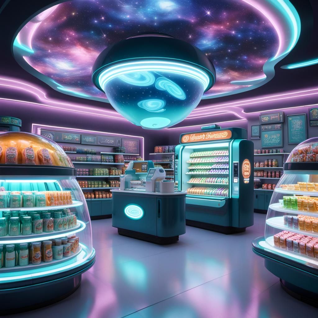 Zero-Gravity Convenience Store with Alien Snacks