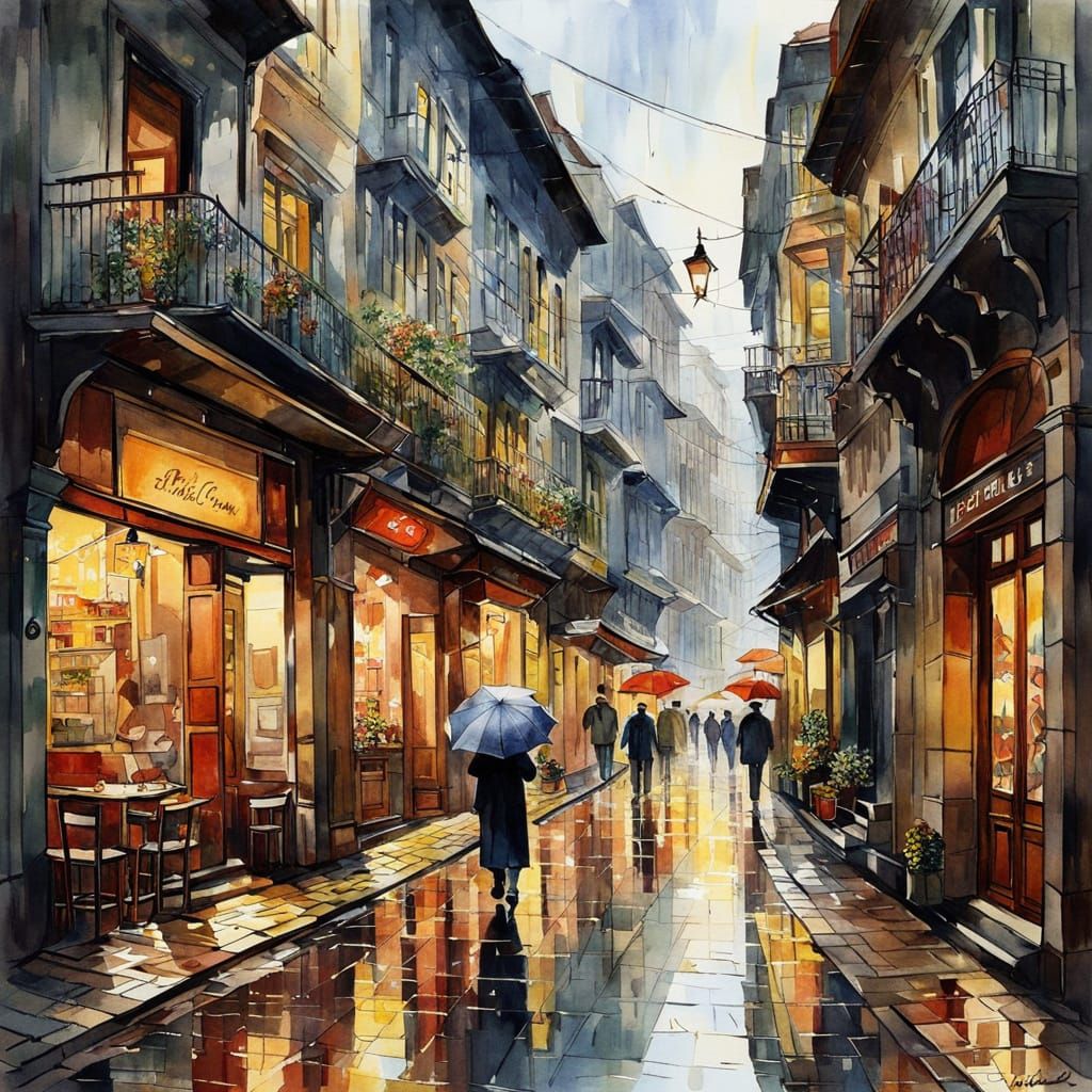 Whimsical Watercolor of Istanbul's Rainy Street Scene