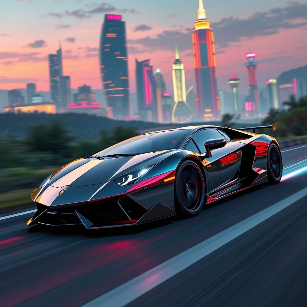 Lamborghini in Futuristic Neon Cityscape