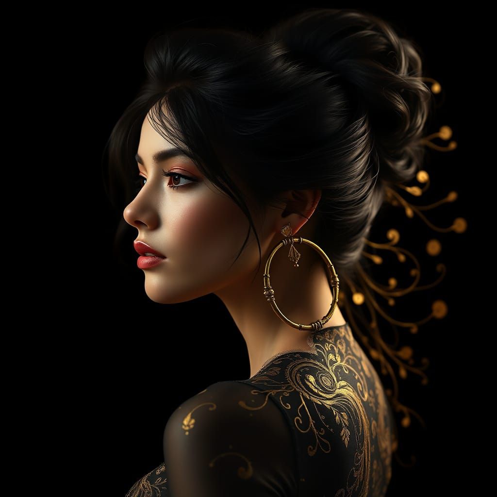 Hyperrealist Portrait of a Woman in Elegant Gold and Black