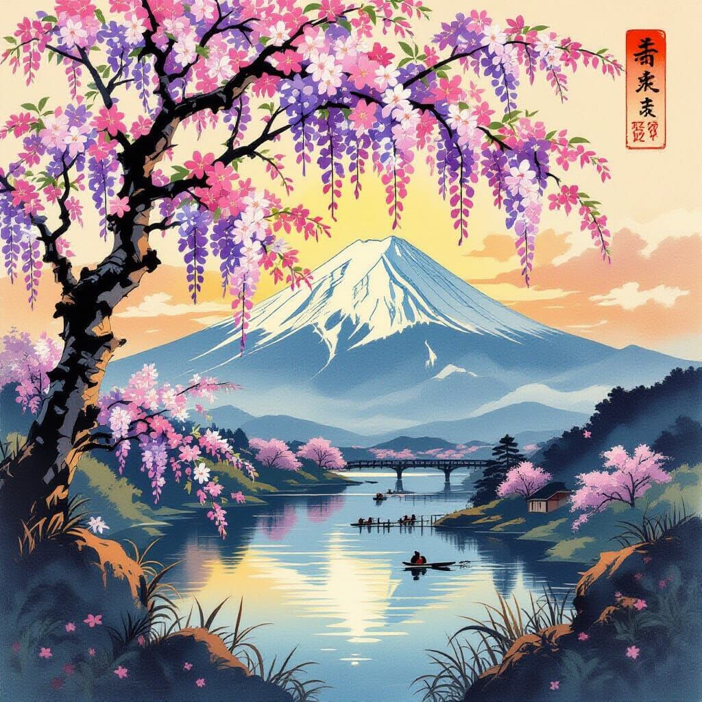 Wisteria Blossoms in Ukiyo-e Inksplash Style