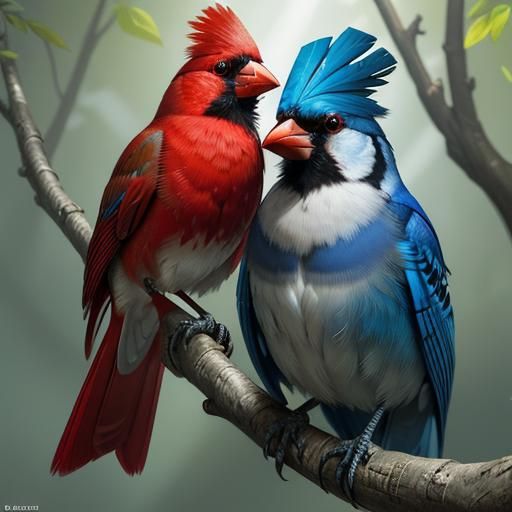 Cardinal and Blue Jay Summer Portrait