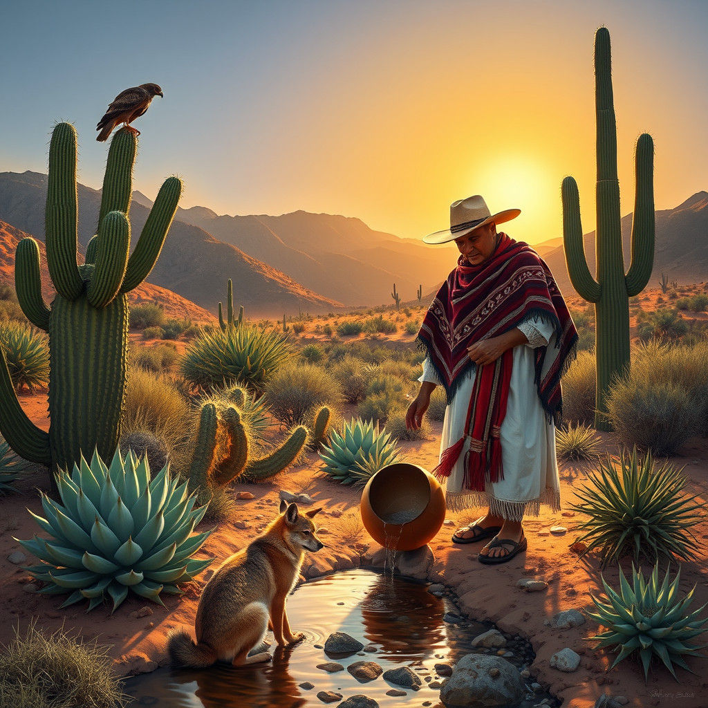 Coyote in Desert Landscape at Sunrise, Abstract Art