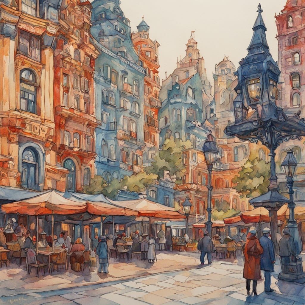 NYC Town Square in Gouache Impressionist Style