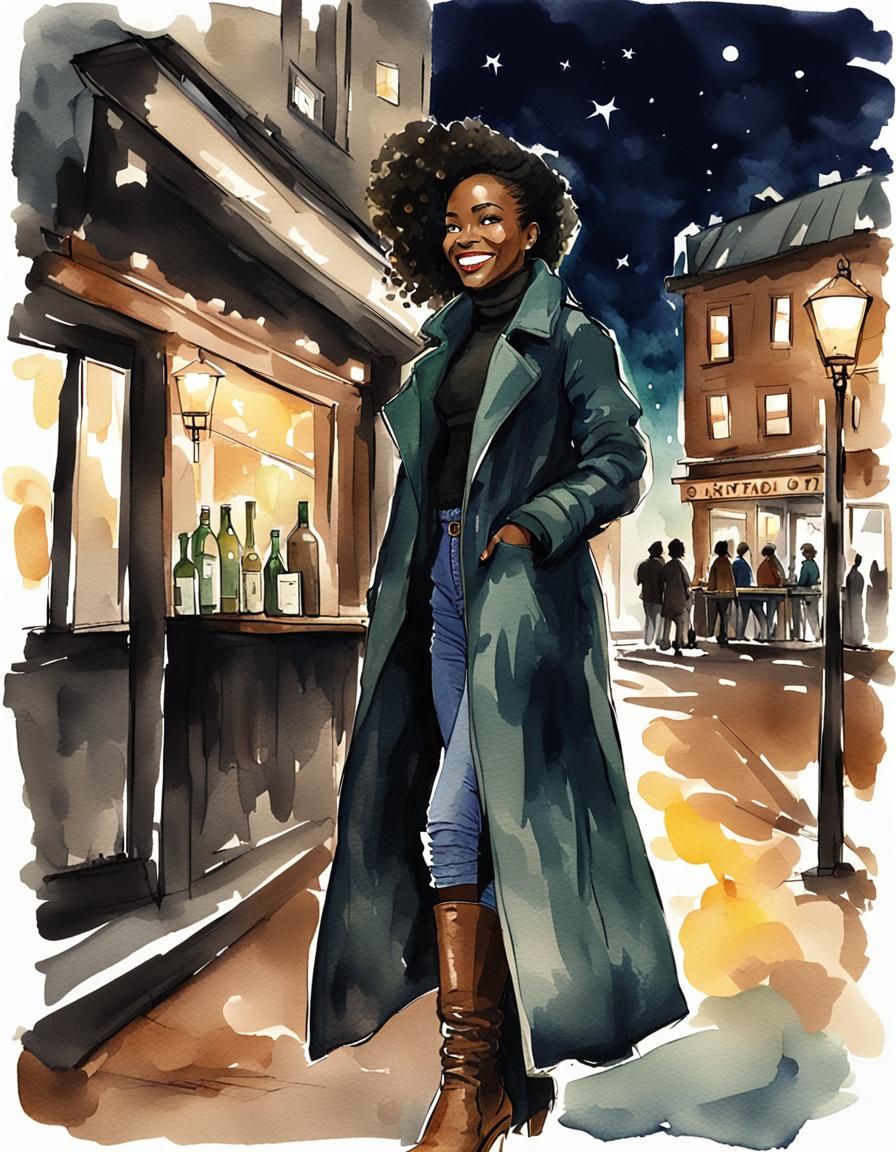 Smiling Woman in Boots: Ink and Watercolor Night Scene