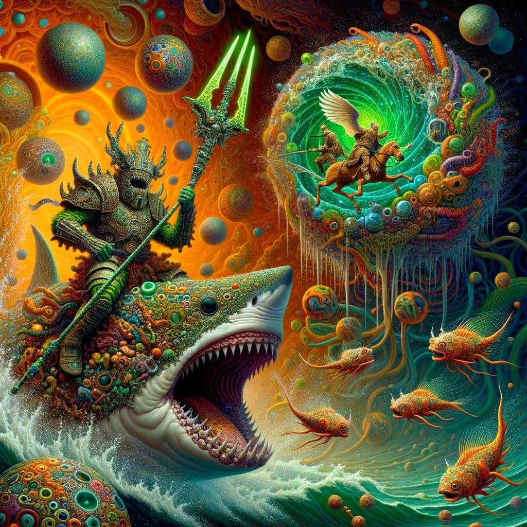 Bone-Clad Warrior on Shark-Dragon Pursued by Kraken