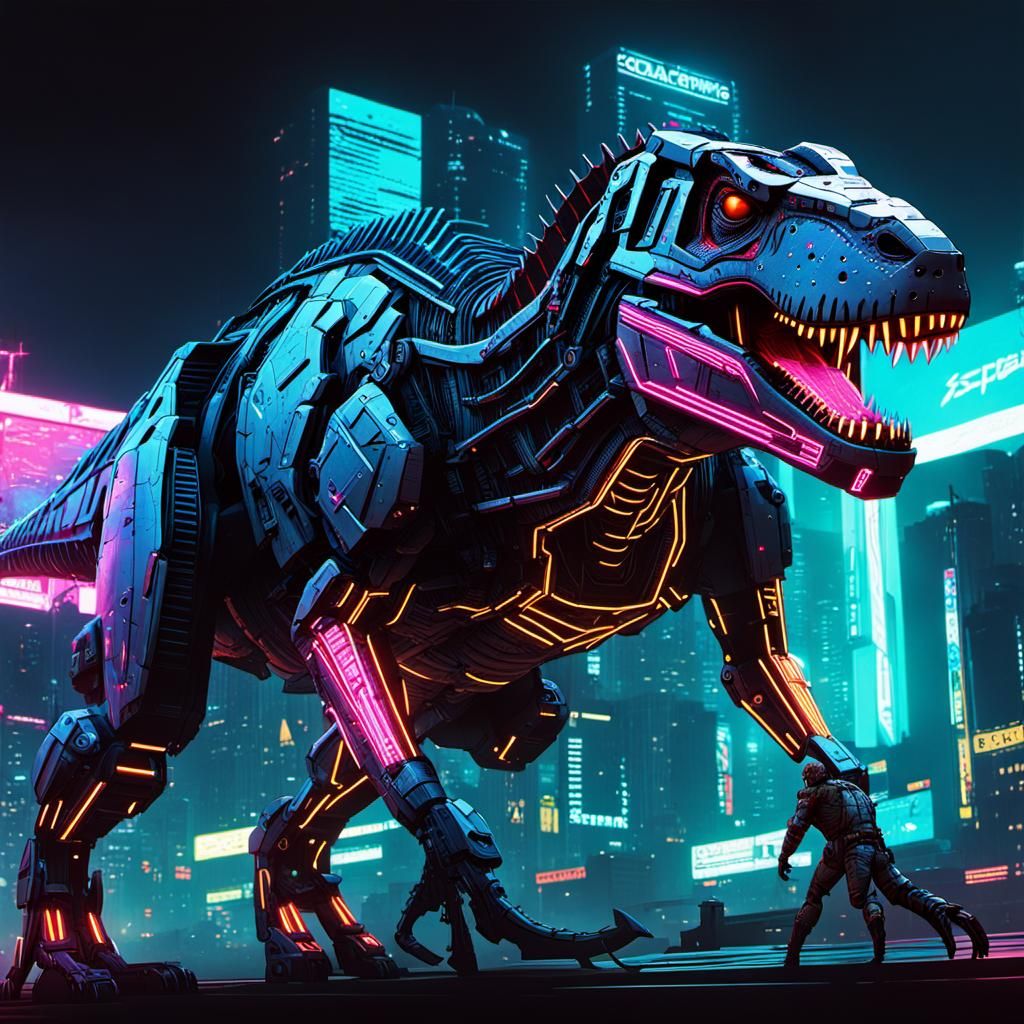 Cybernetic T-Rex Android in Solarpunk Cyberpunk Style