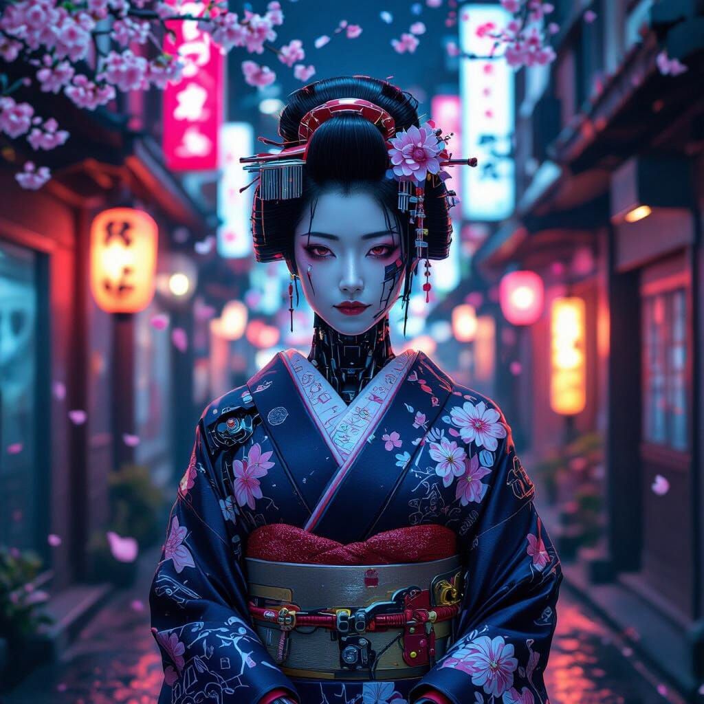 Cyborg Geisha in Neon Tokyo Alleyway