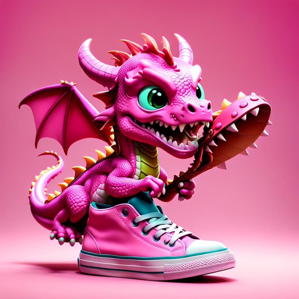 Pink Dragon Chewing Shoe in Chibi Anime Style