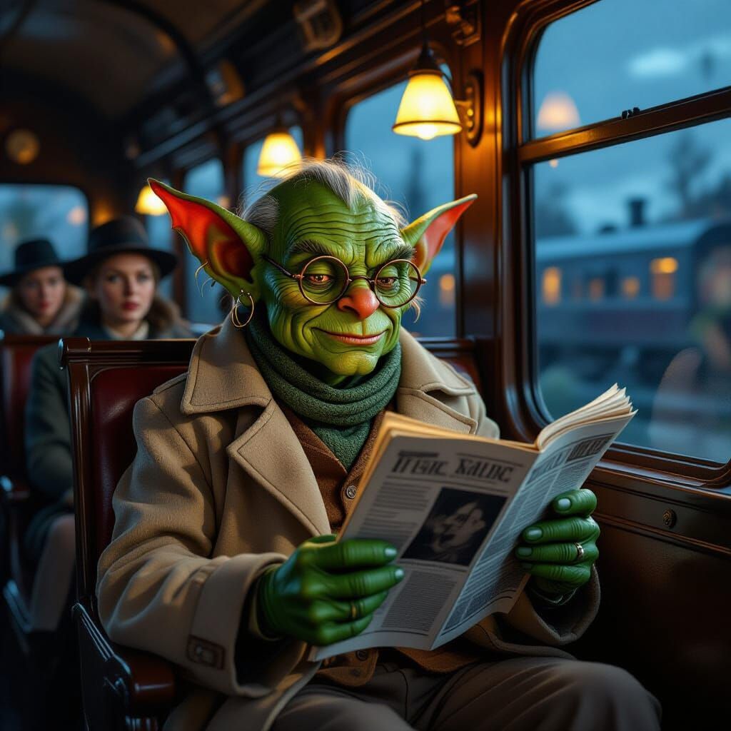 Goblin Reads Newspaper on Vintage Train