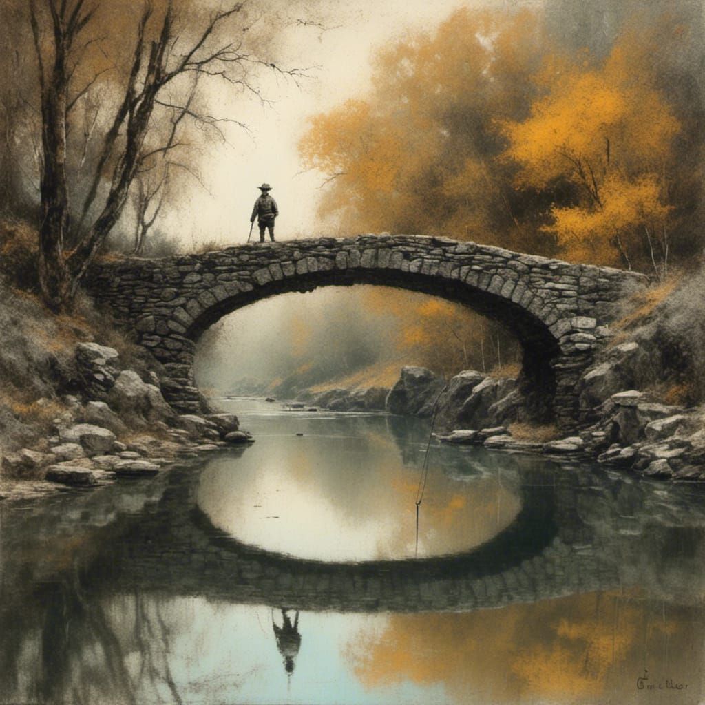Boy Fishing by Stone Bridge Pastel Drawing