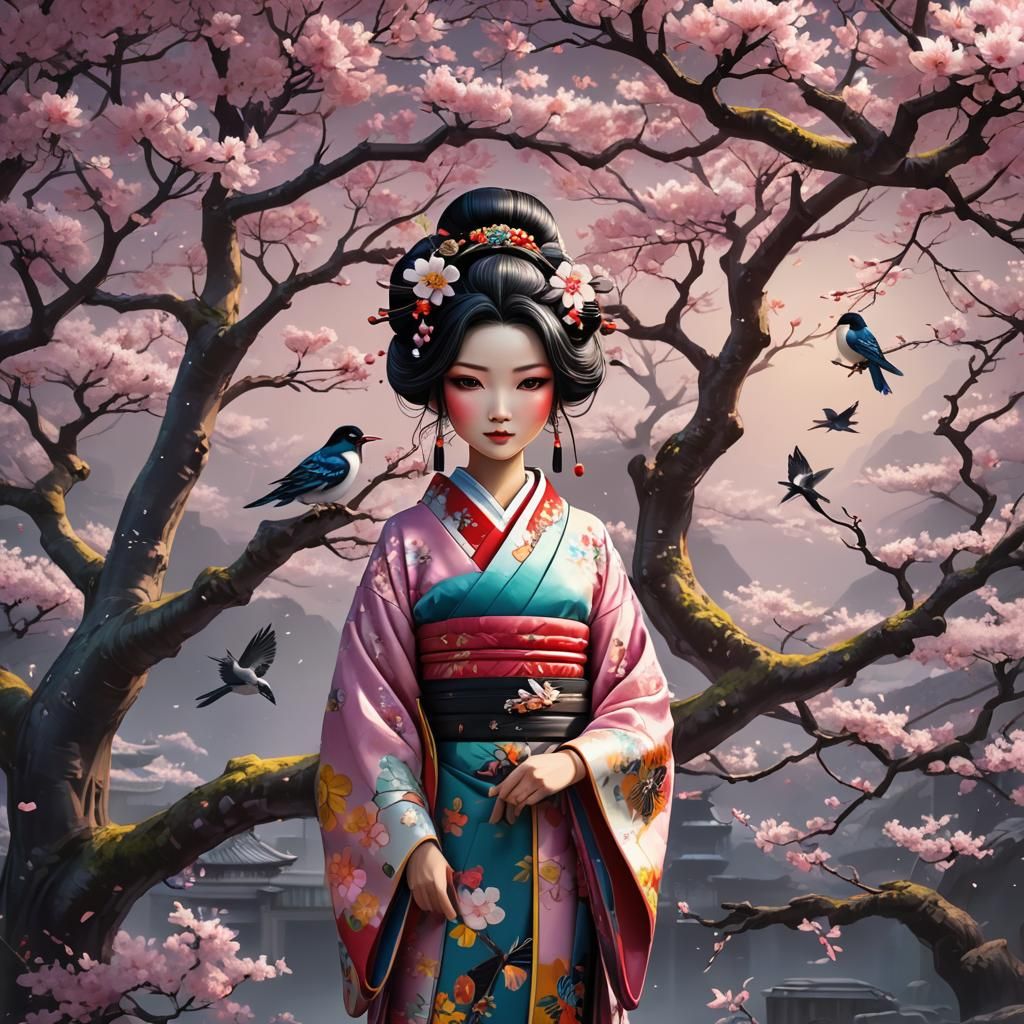 Cute Asian Geisha in Cherry Blossom Garden