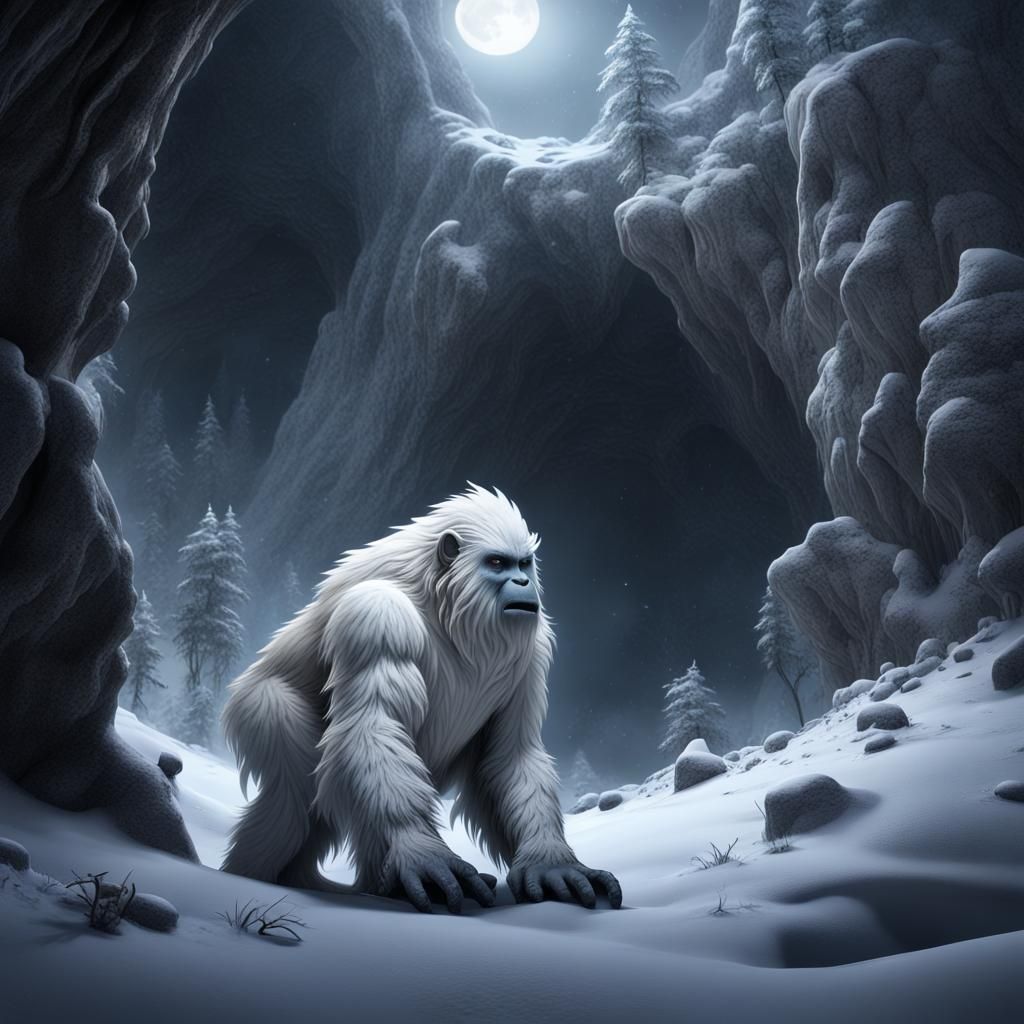 Yeti in Snowy Forest: Detailed Matte Painting