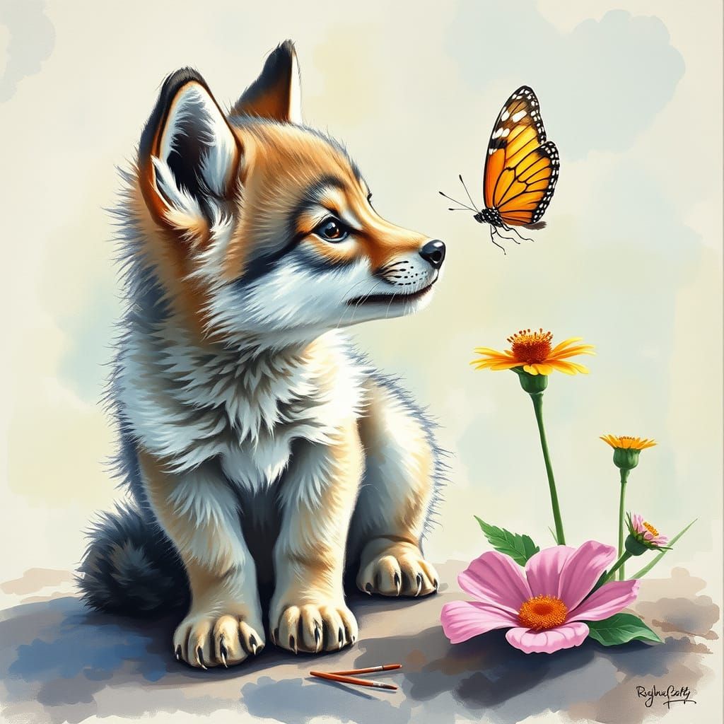Wolf Pup in Whimsical Floral Landscape