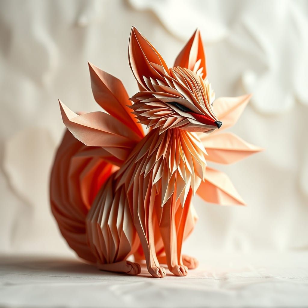 Vibrant Origami Fox with Nine Tails