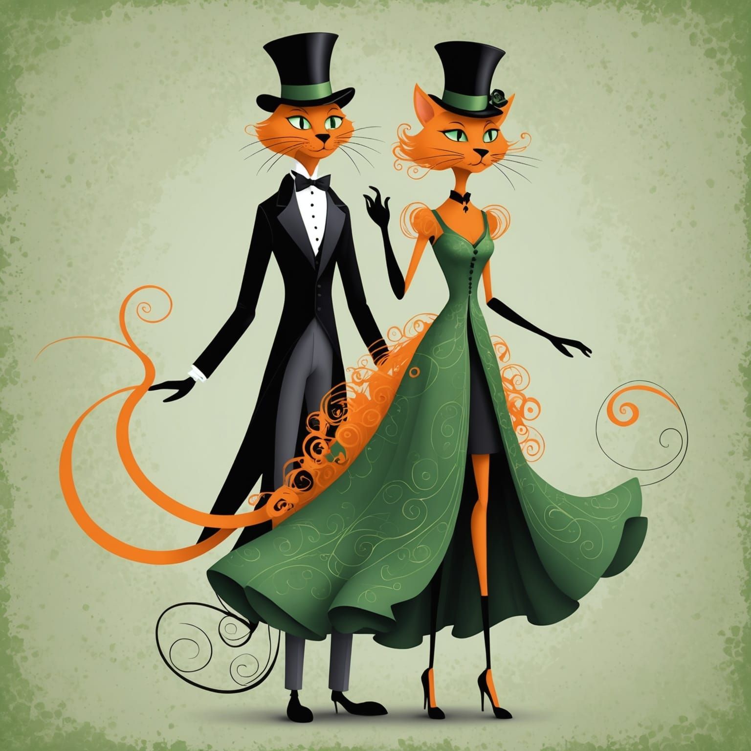 Whimsical Cat Figures Dancing on a Reflective Surface