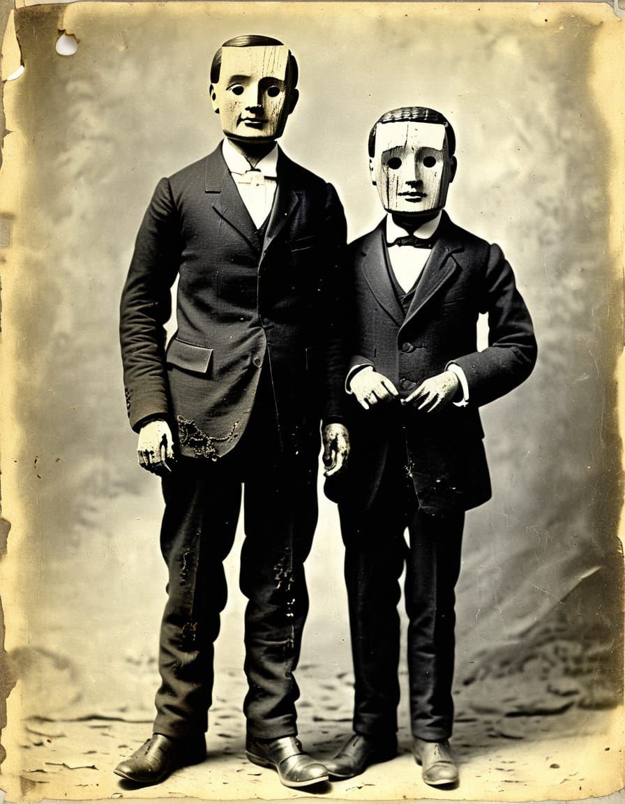 Distressed Victorian Portrait with Wooden Prosthetic