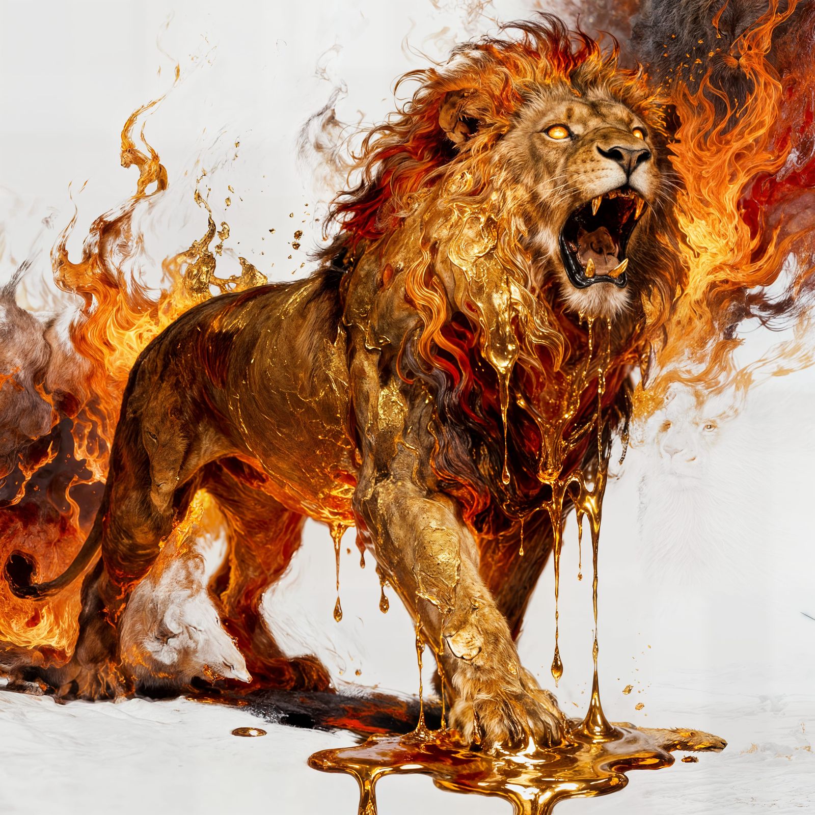 Fiery Lion Made of Molten Gold, Dramatic Lighting