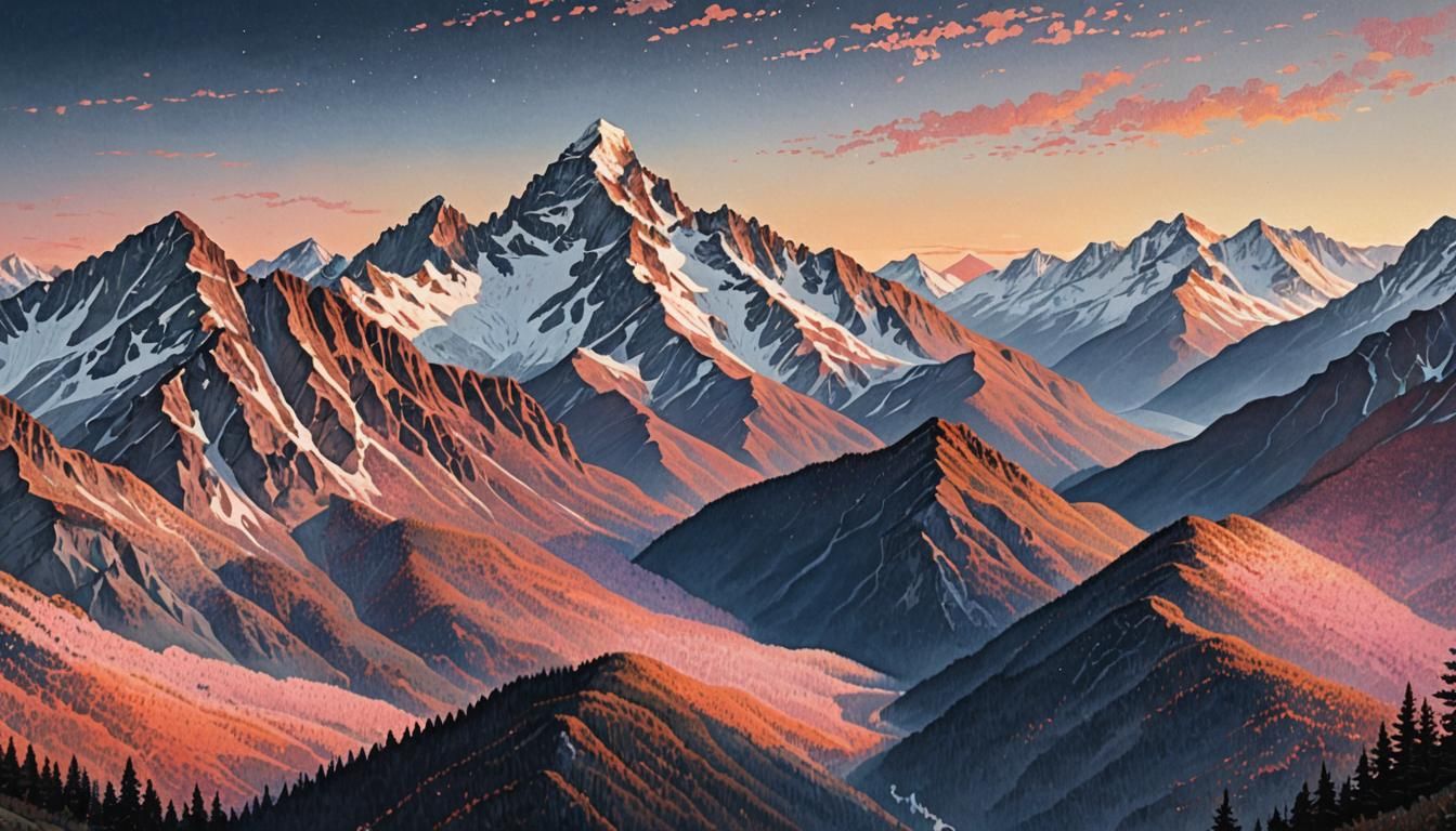Majestic Mountain Range in Pointillism at Dawn