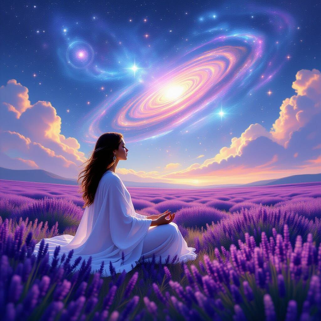 A serene Starseed meditating in a field of lavender under a ...