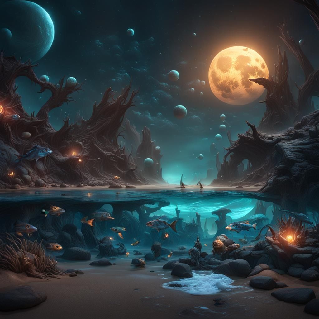 Alien Beach with Fish Under Two Moons