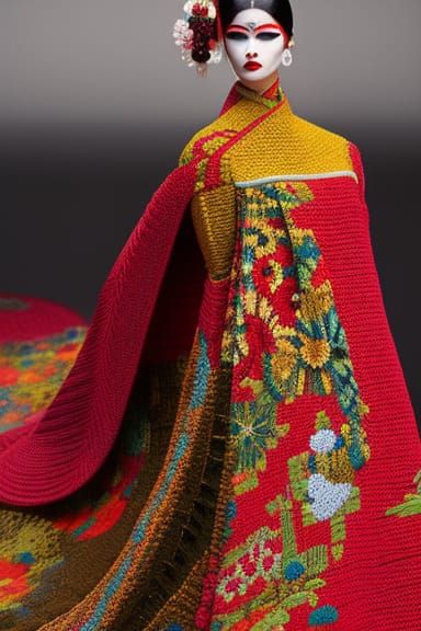 Yarn Kimono Geisha with Knitted Ocean Backdrop