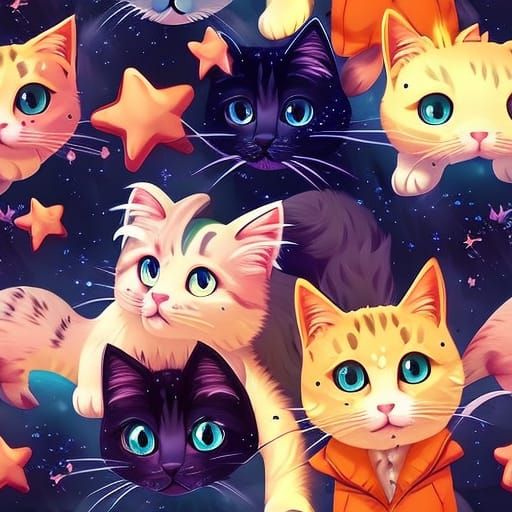 Hyperrealistic Seamless Pattern of Cats and Stars