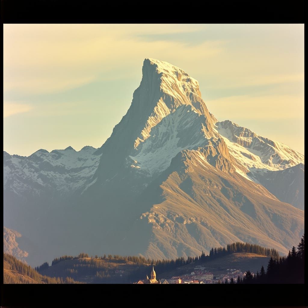 Majestic Mountain Peak and Village: Cinematic Landscape
