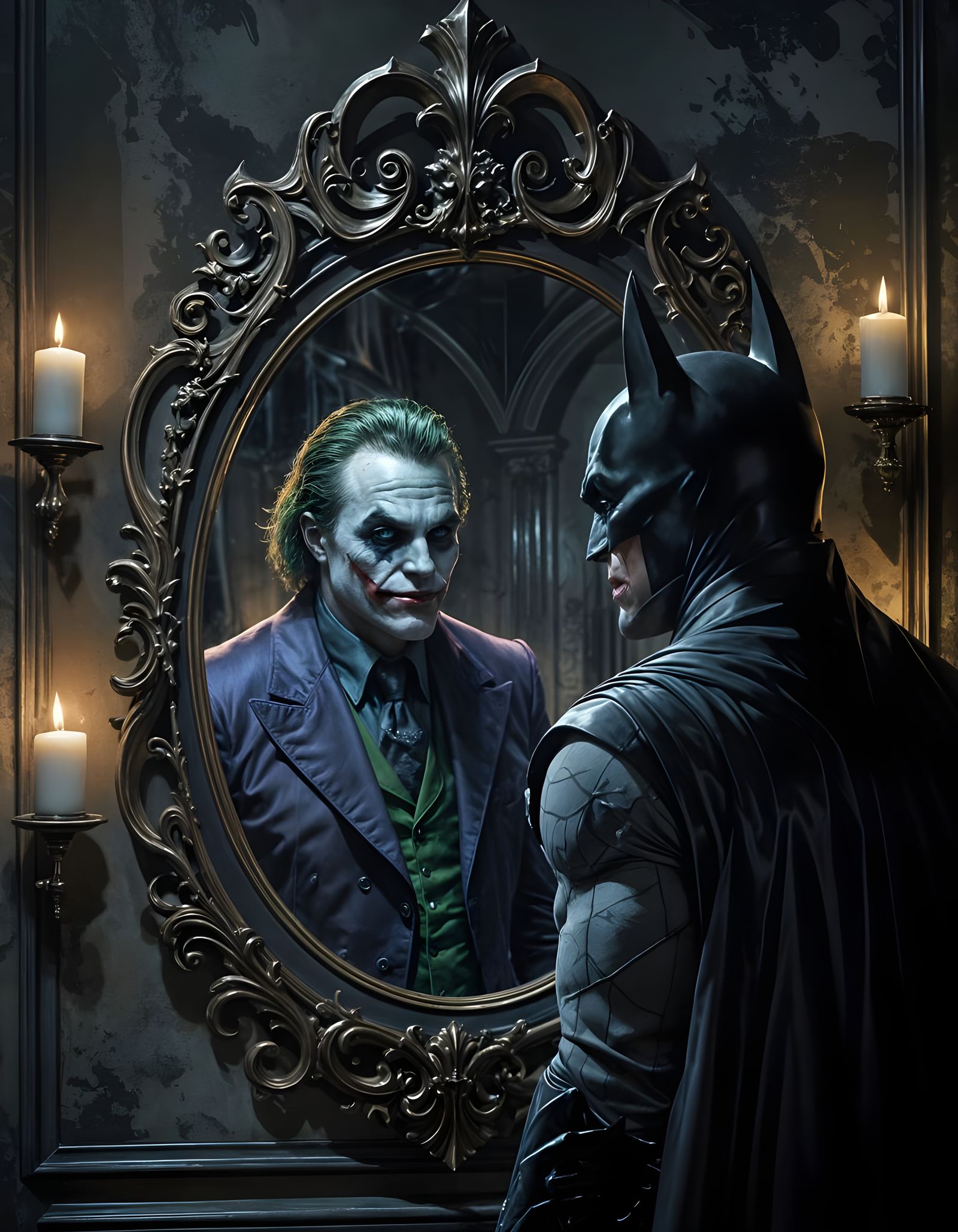 Batman and Joker Mirror Reflection in Comic Book Style
