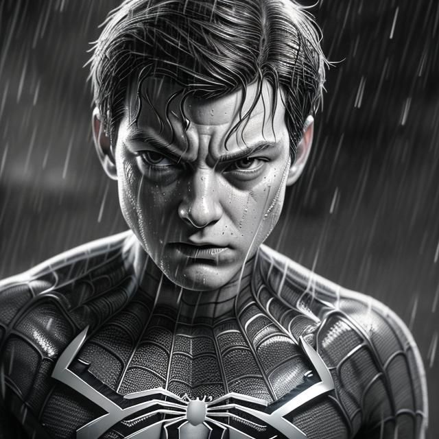 Spider-Man in Rain: Detailed Charcoal Drawing